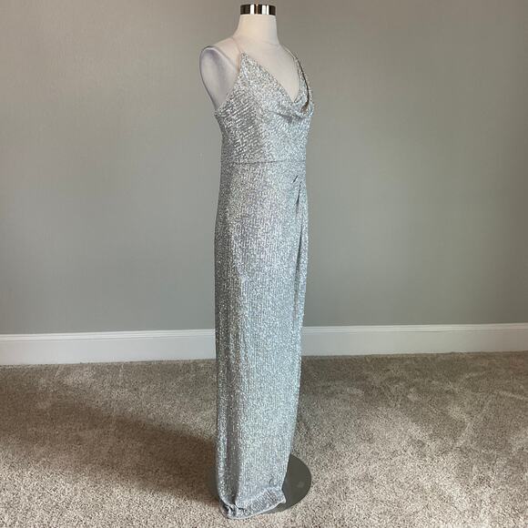 Aidan Mattox Sequined Strappy Back Long Column Evening Gown Silver Size 12 - Picture 4 of 11